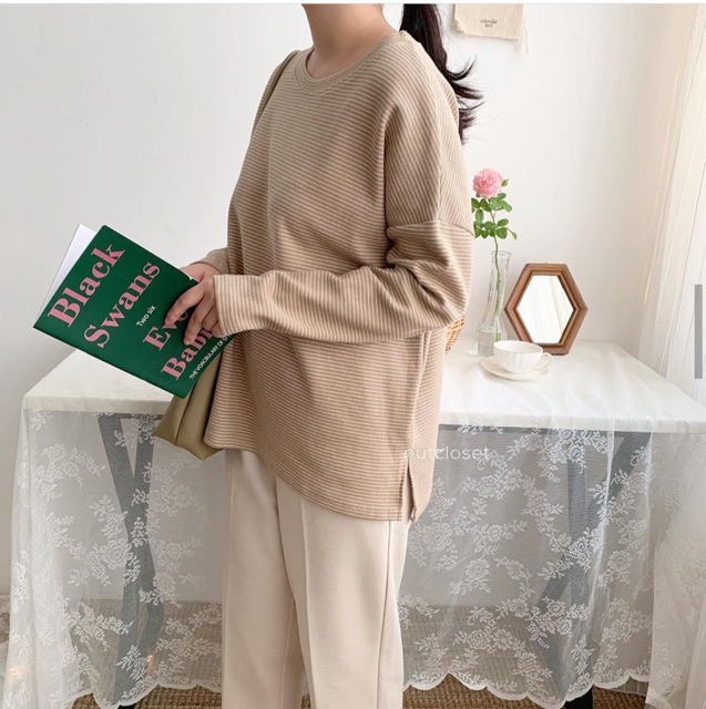 Áo tay dài Tim Striped kẻ sọc cổ tròn hàng nhập quảng châu chất vải len mịn from áo rộng oversize from chuẩn