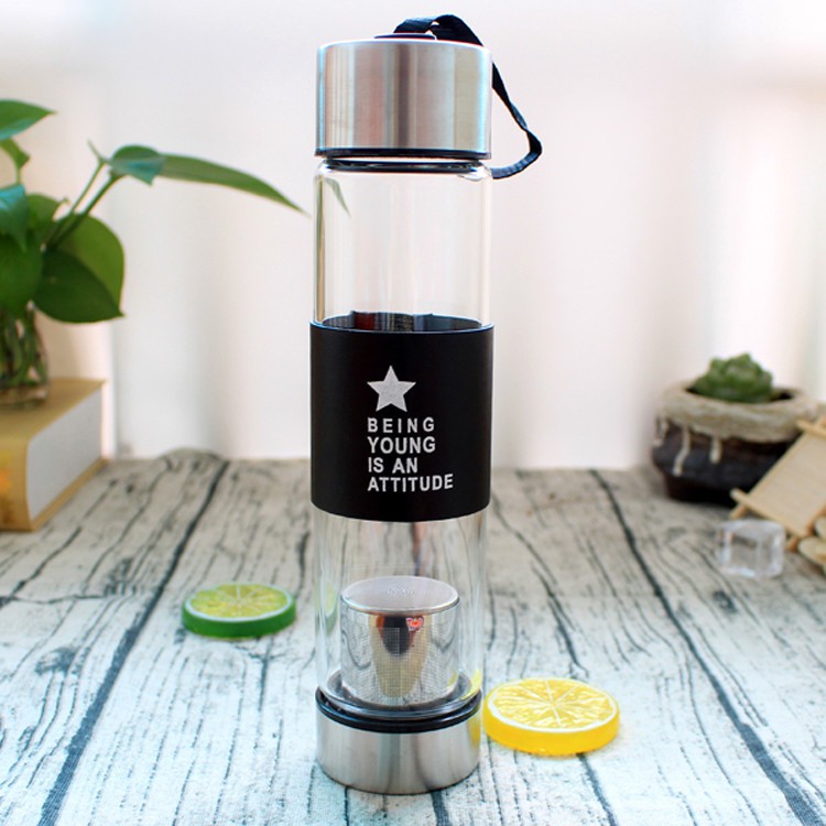 Bình Lọc Trà Cafe Thủy Tinh Giữ Nhiệt 450ML - Bình Nước Thuỷ Tinh Có Túi Lọc Trà Bọc Da Chống Trượt Cao Cấp