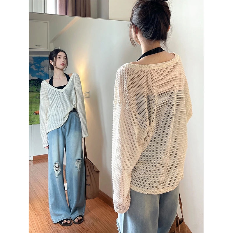 COZOK Bộ Áo Tay Dài Dáng Rộng Cổ Chữ v + Quần Dài Cá Tính Quyến Rũ Cho