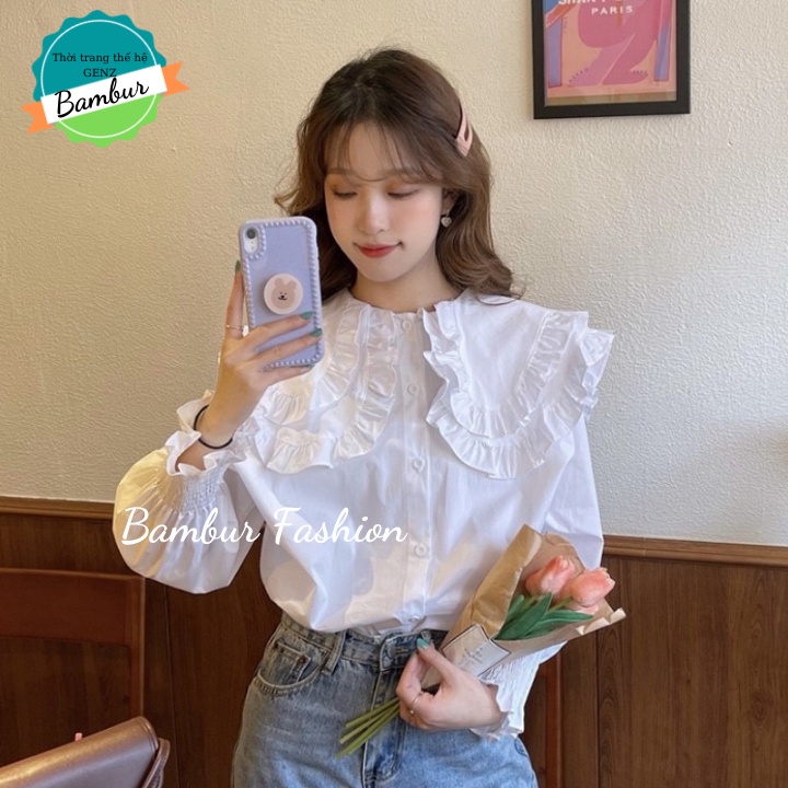 Áo sơ mi nữ Bambur cổ hai lớp bèo thiết kế tay bồng tiểu thư thời trang công sở cao cấp nhiều màu