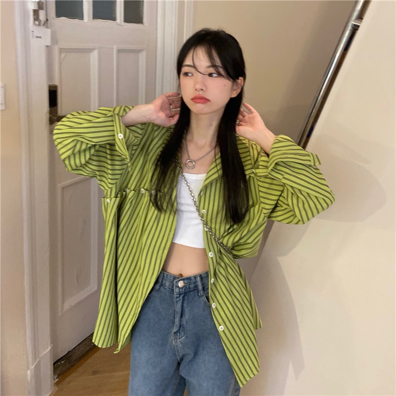 SUXI Áo Sơ Mi Nữ Dài Tay Họa Tiết Kẻ Sọc Thời Trang