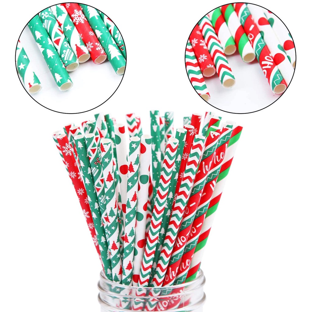 Set 25 Ống Hút Giấy Họa Tiết Chấm Bi / Ngôi Sao / Cây Thông Giáng Sinh / Năm Mới Có Thể Phân Hủy Sinh Học
