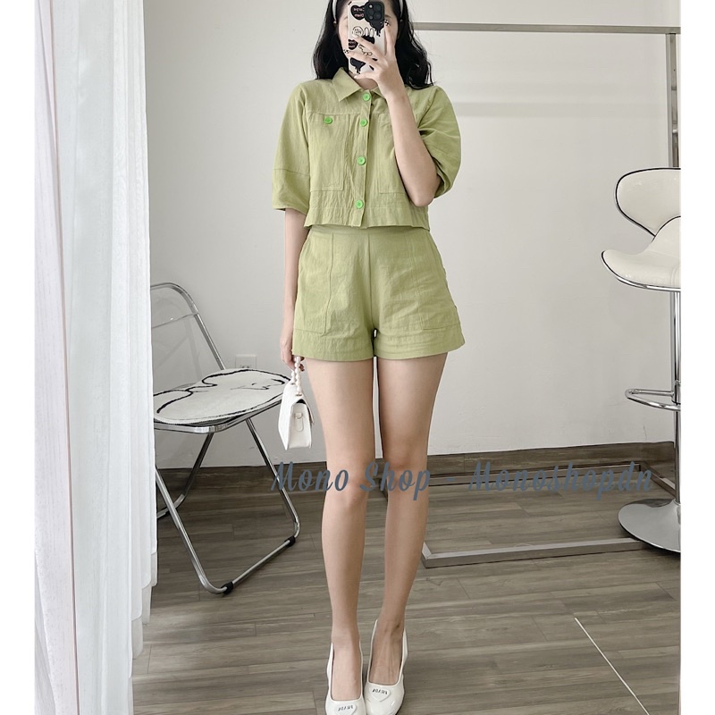 Set áo sơ mi đũi croptop 2 túi to nút tròn kèm quần short lưng chun Ảnh thật/ sẵn