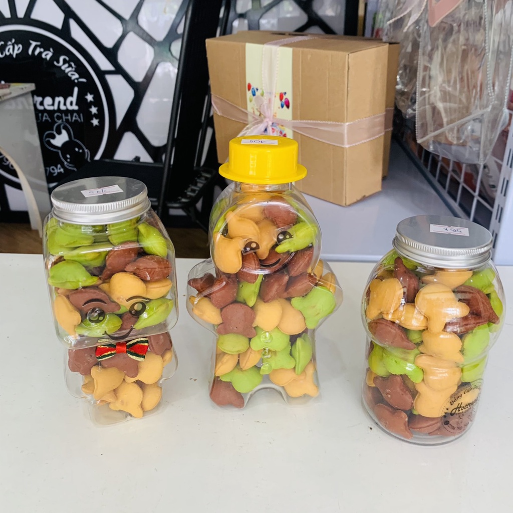Bánh gấu nhân kem mix 3 màu đóng chai 500ml gấu BR, mèo, bánh qui gừng, voi, rô bốt - Đỉnh của chop