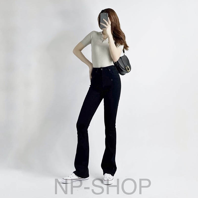 Quần jean nữ ống loe NPSHOP lưng cao hai màu đen trắng, quần bò ống loe kiểu trơn sang chảnh