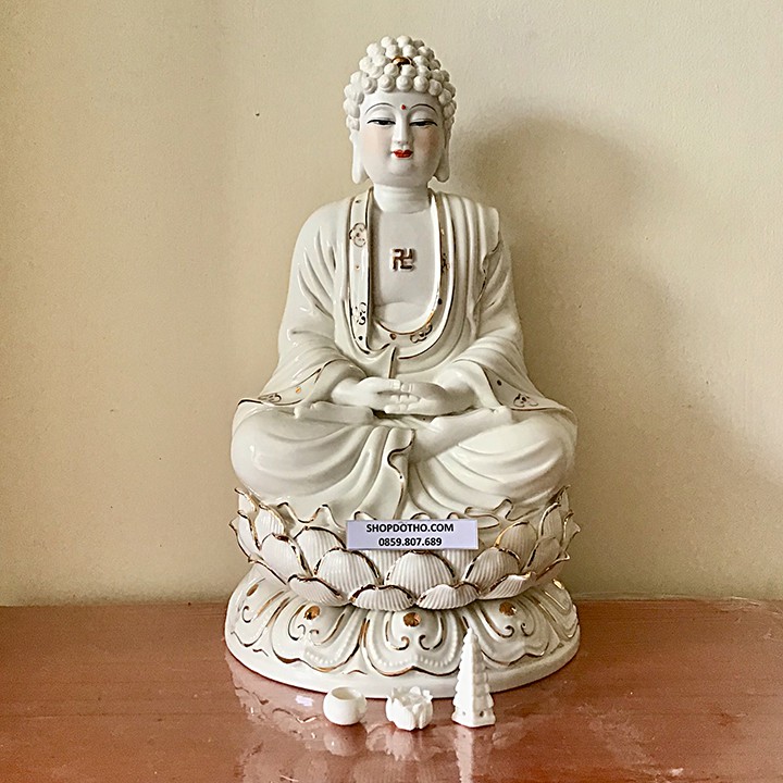 Tượng Phật Tổ_Dược Sư_A Di Đà Sứ Ngọc Trắng Cao Cấp 30Cm Kèm Văn Khấn