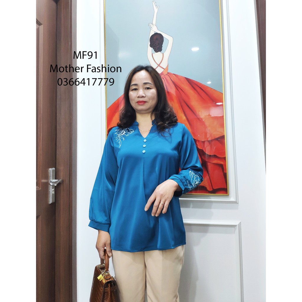 Áo sơ mi nữ trung niên, áo nữ trung tuổi, áo lụa thêu hoa sang trọng cho quý bà MF91