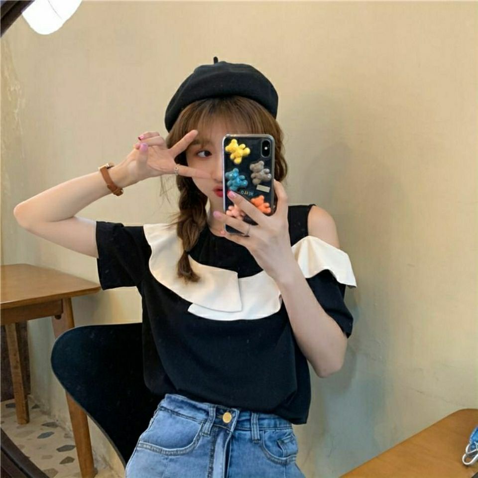 Áo sơ mi voan tay ngắn trễ vai phối bèo màu đen phong cách Pháp thời trang cho nữ