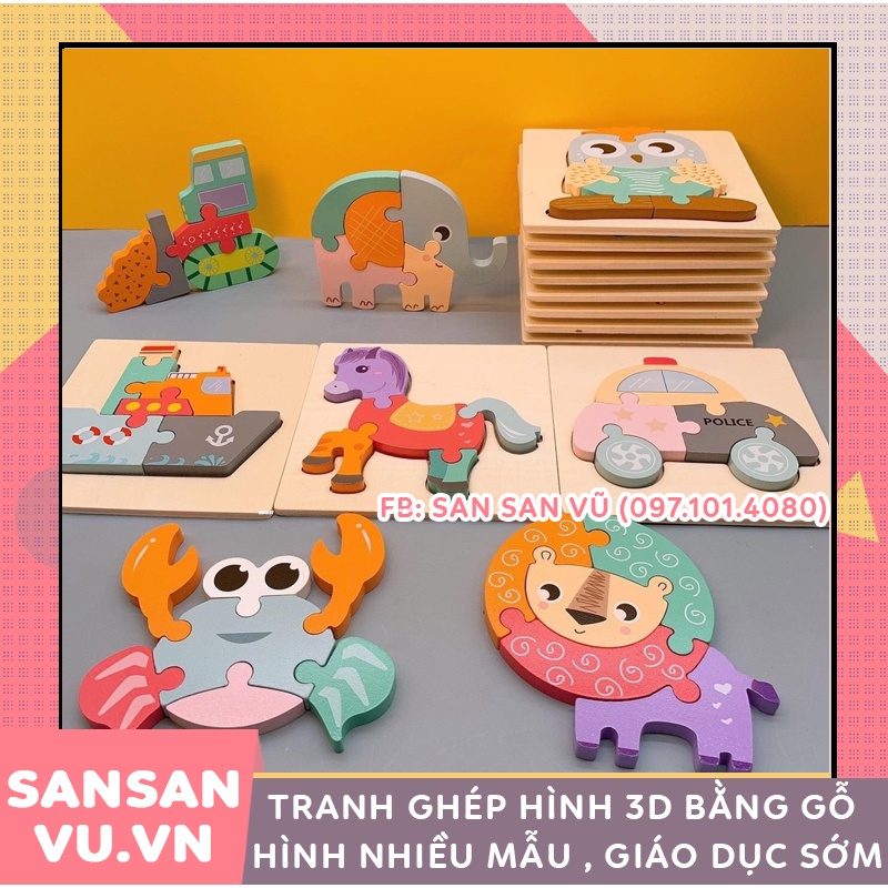 [Xả kho - Siêu rẻ] Tranh ghép hình 3D bằng gỗ có in hình nhiều mẫu ngộ nghĩnh phát triển trí tuệ, giáo dục sớm cho bé