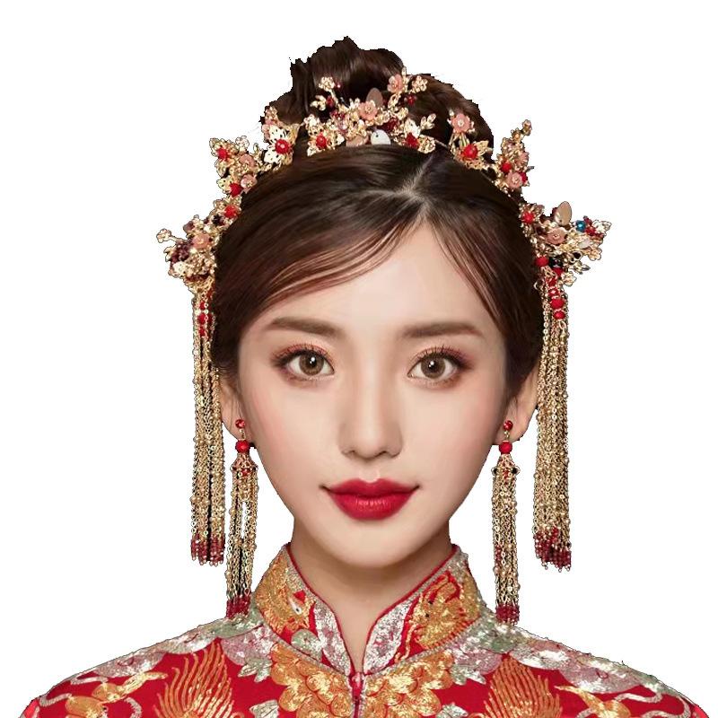 Cài tóc cô dâu mặt khỏa hỷ phục vương miện phượng hoàng đỏ cổ điển - CD32
