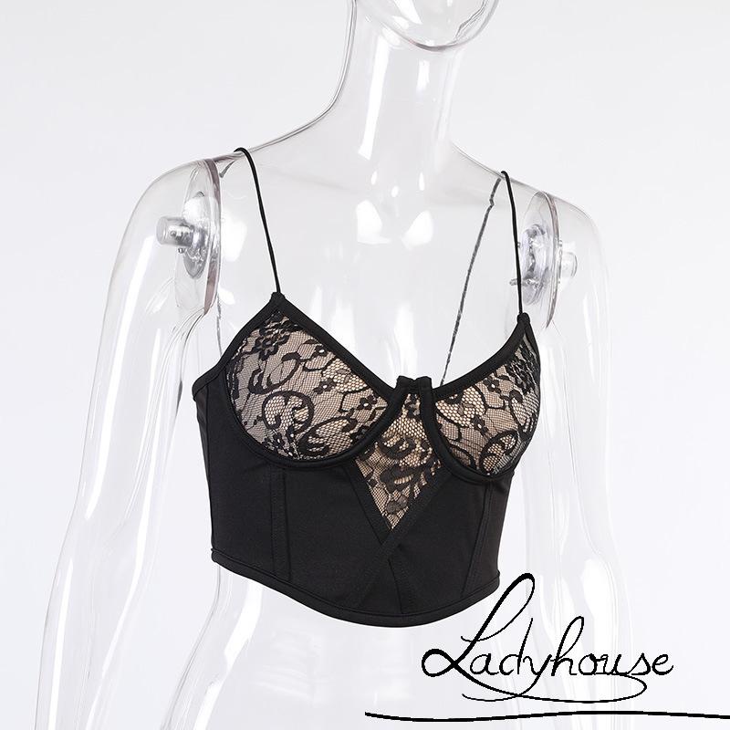 Áo Hai Dây Cổ Chữ V Hở Lưng Màu Trơn Phối Ren Gợi Cảm Thời Trang Cho Nữ