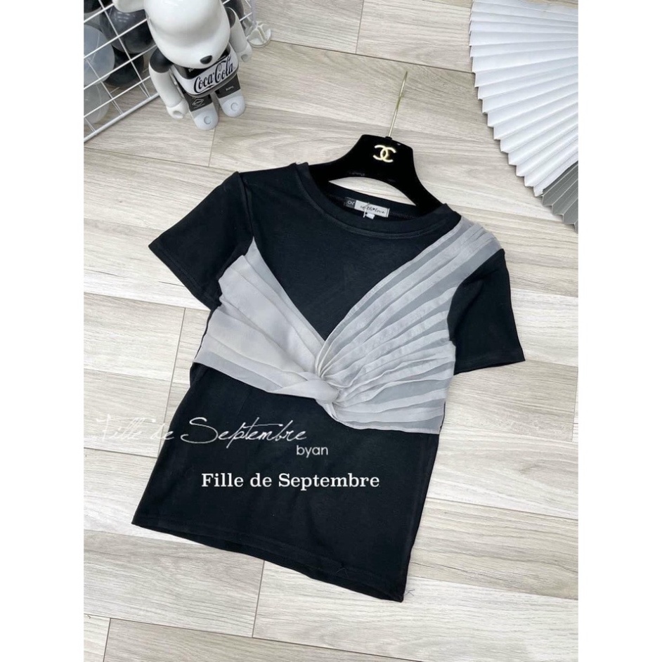 Áo thun nữ kiểu xoắn nơ ngực dáng ôm, t shirt kiểu cổ tròn ngắn tay nội y xanh chất đẹp giá tốt