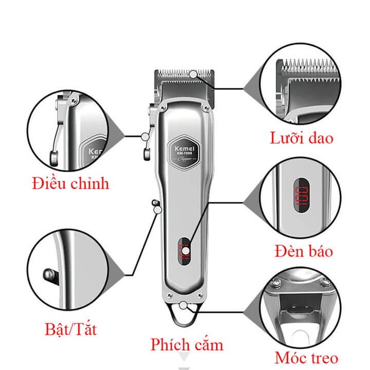 Tông đơ cắt tóc cao cấp Kemei 1998 thân nhôm nguyên khối, hớt tóc chuyên nghiệp không dây sạc pin Kemei