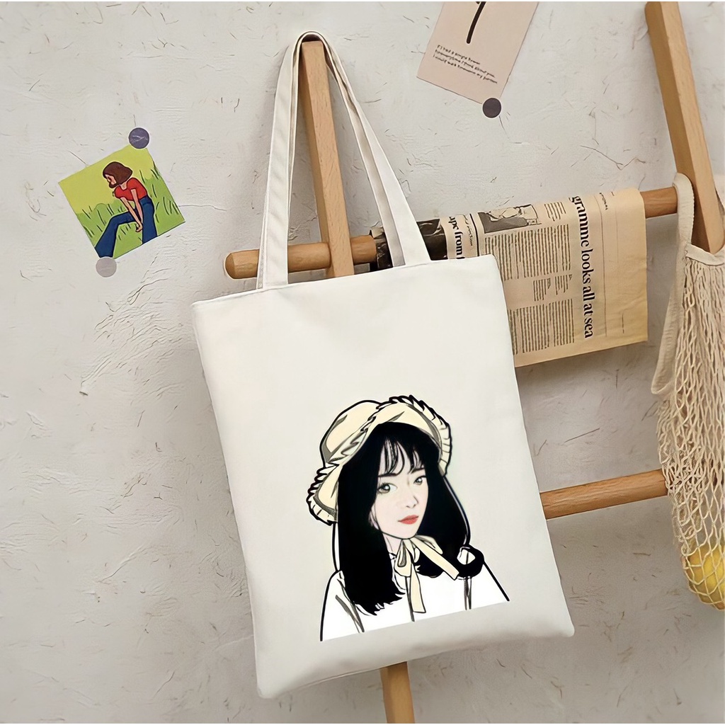 Túi tote vải đeo chéo canvas in hoạ tiết cô gái đáng yêu Giatot68 554