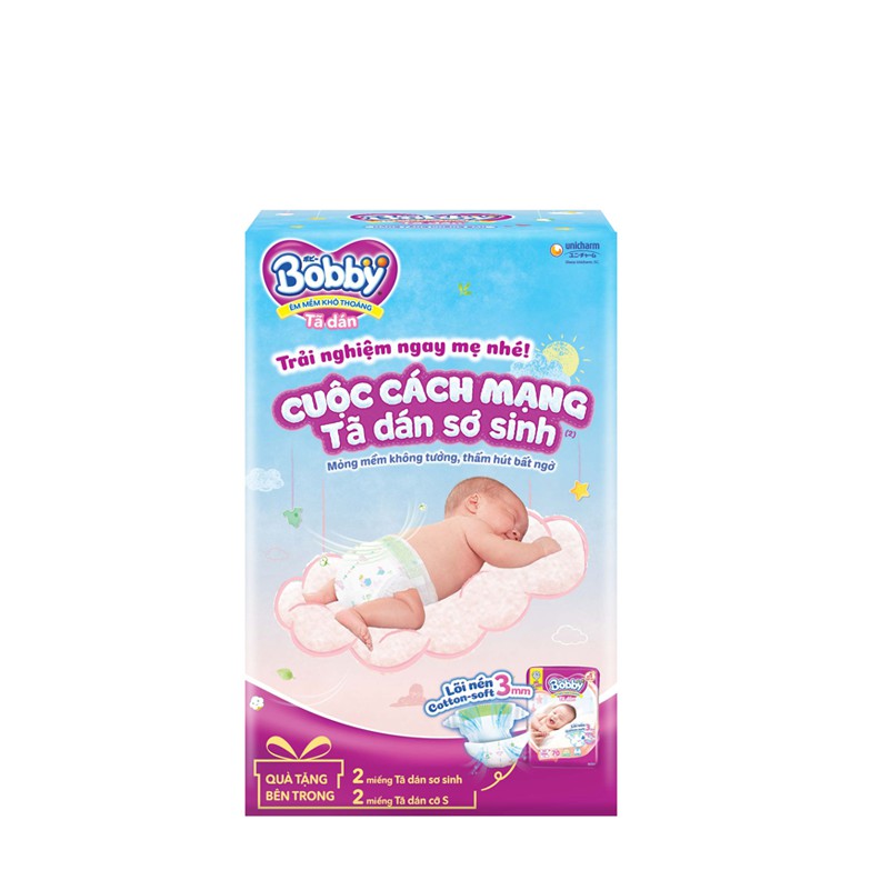 [MKB Gift] Hộp tã dán Bobby lõi né Cotton-Soft 3mm 4 miếng ( XS-2 miếng + S-2 miếng)