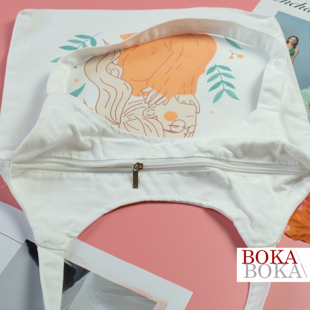 Túi tote quai tròn vải canvas Cô Gái 2 có khóa kéo