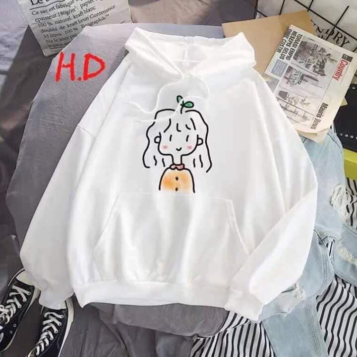 Áo hoodie nỉ bông thời trang in hình cô gái tóc mầm cây ngộ nghĩnh đáng yêu freesize(45-58kg)