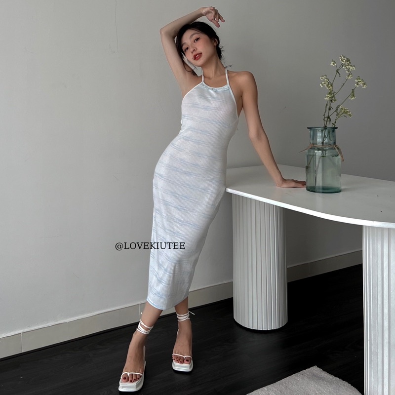 Đầm cột cổ hở lưng có chun ngang Selene Midi Dress vải thun gân co dãn LOVEKIUTEE
