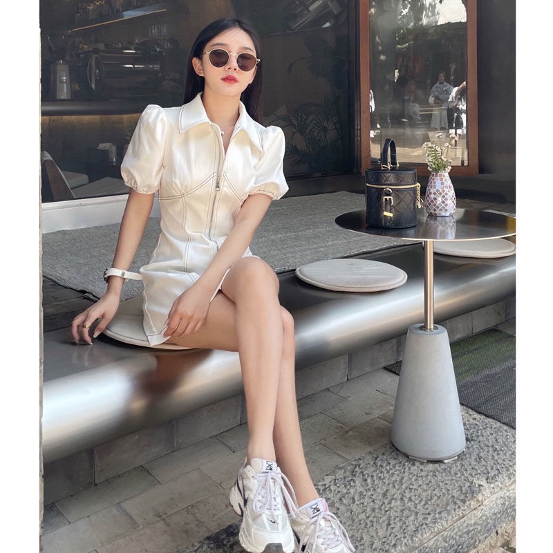 Đầm Denim Tay Phồng Cổ polo Dáng Ôm Thời Trang Pháp Cao Cấp Cho Nữ
