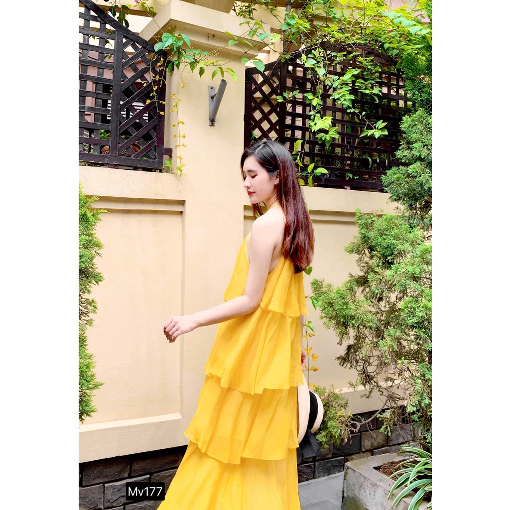MV177 Váy đầm maxi vàng cổ yếm 4 tầng đi biển siêu xinh -  Modish and Chic