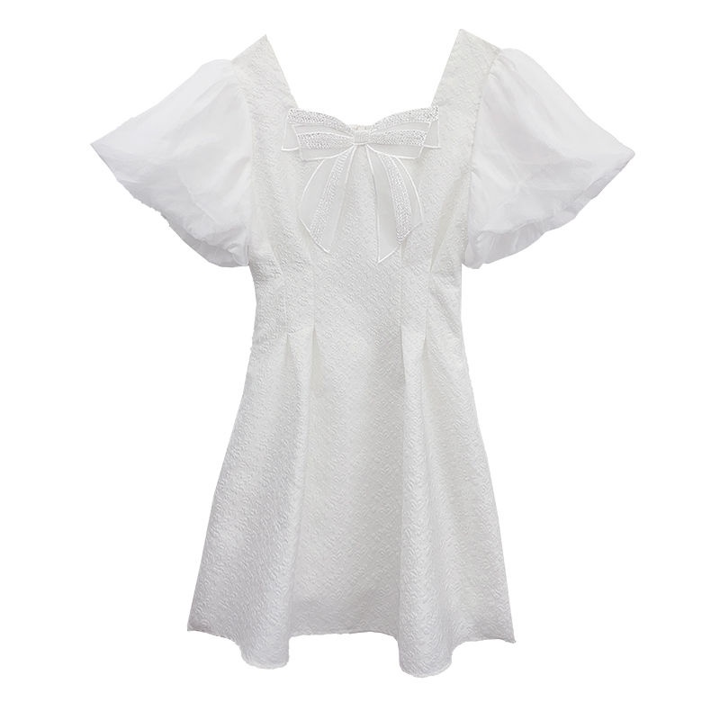 IELGY   Đầm Tay Ngắn Thắt Nơ Eo Phong Cách Pháp Thời Trang Cho Nữ