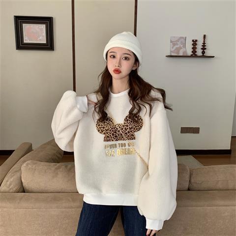 Áo sweater vải nhung lông cừu dày dáng rộng in hình Mickey dễ thương phong cách Hàn Quốc thời trang thu đông