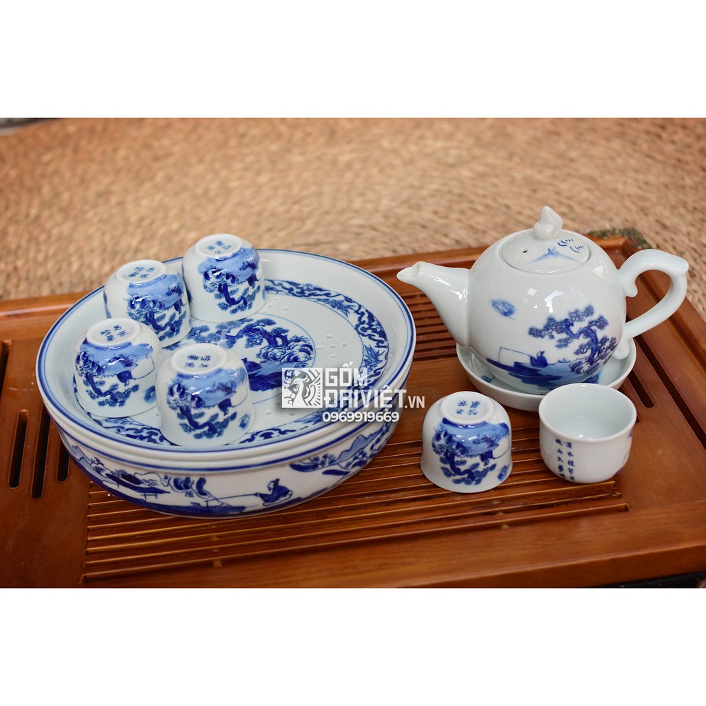 Bộ ấm chén men lam cổ Bát Tràng ông lão đánh cá khay tròn ấm chóp