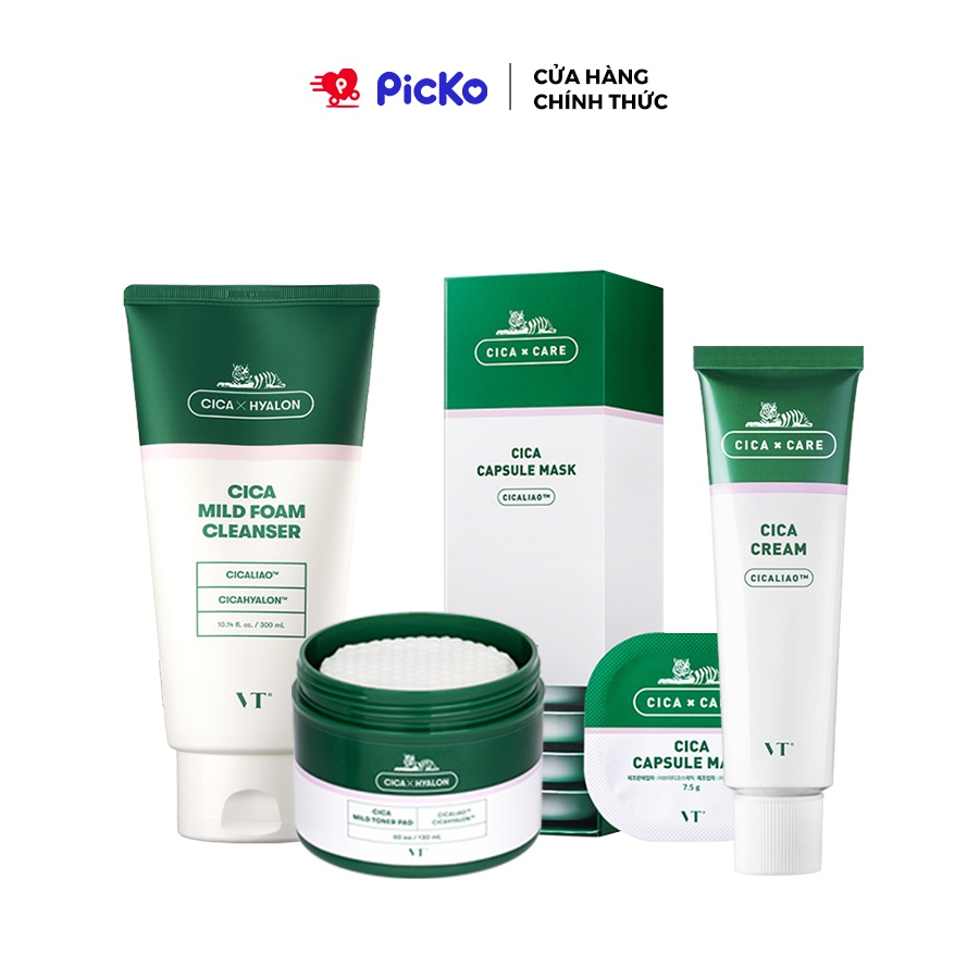 Bộ 4 sản phẩm chăm sóc da VT Cica centella rau má (gồm: Sữa rửa mặt, Toner pad, Mặt nạ đất sét và Kem dưỡng) PICKO