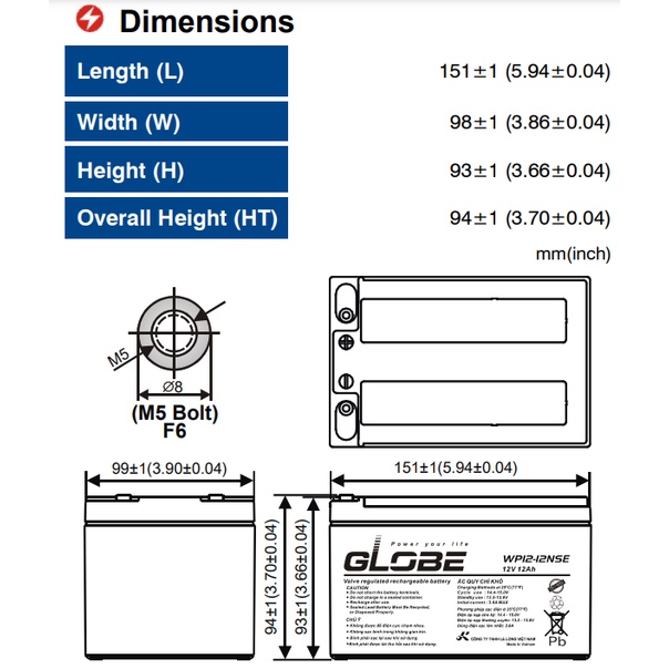 Ắc Quy Globe 12V-12Ah WP12-12NSE Cho Xe Điện, Bộ Lưu Điện