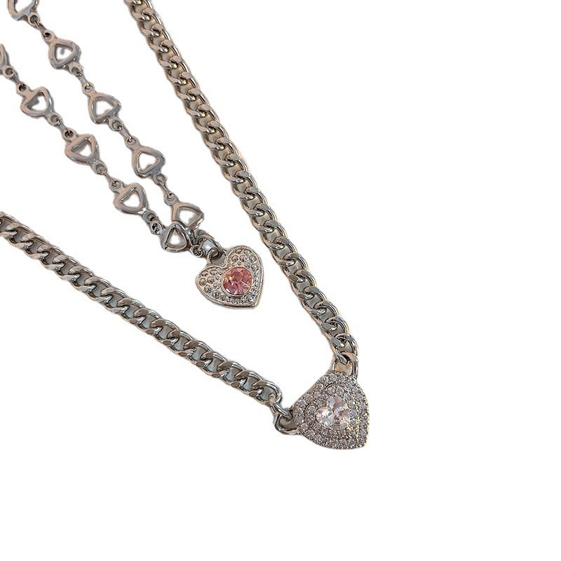 Vòng cổ hình trái tim đính đá màu hồng phong cách Hàn Quốc