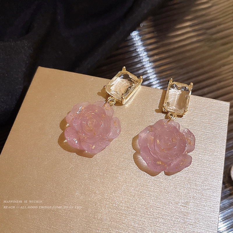 Khuyên Tai Hình Hoa Hồng Đính Đá Pha Lê Phong Cách Pháp Cổ Điển Chất Lượng Cao