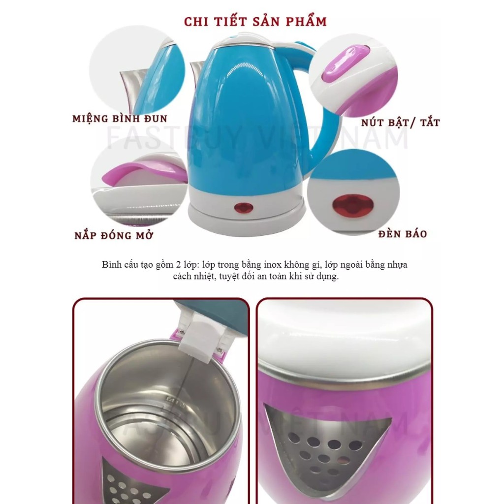 Ấm Đun Nước Siêu Tốc Kettle 2L Cao Cấp, An Toàn 2 Lớp Cách Nhiệt