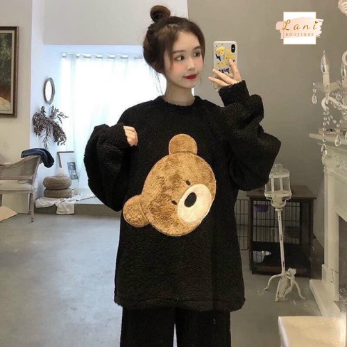 Bộ Đồ Ngủ Nữ Lông Thêu Hình Mặt Gấu Dài Tay Có 2 Màu Đen Trắng Mã 610 - Lani Boutique | BigBuy360 - bigbuy360.vn