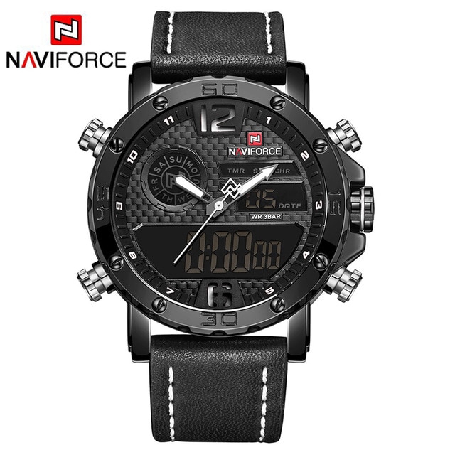 NAVIFORCE NF9134 Men Sport Fashion Leather Band Analog Digital Watch