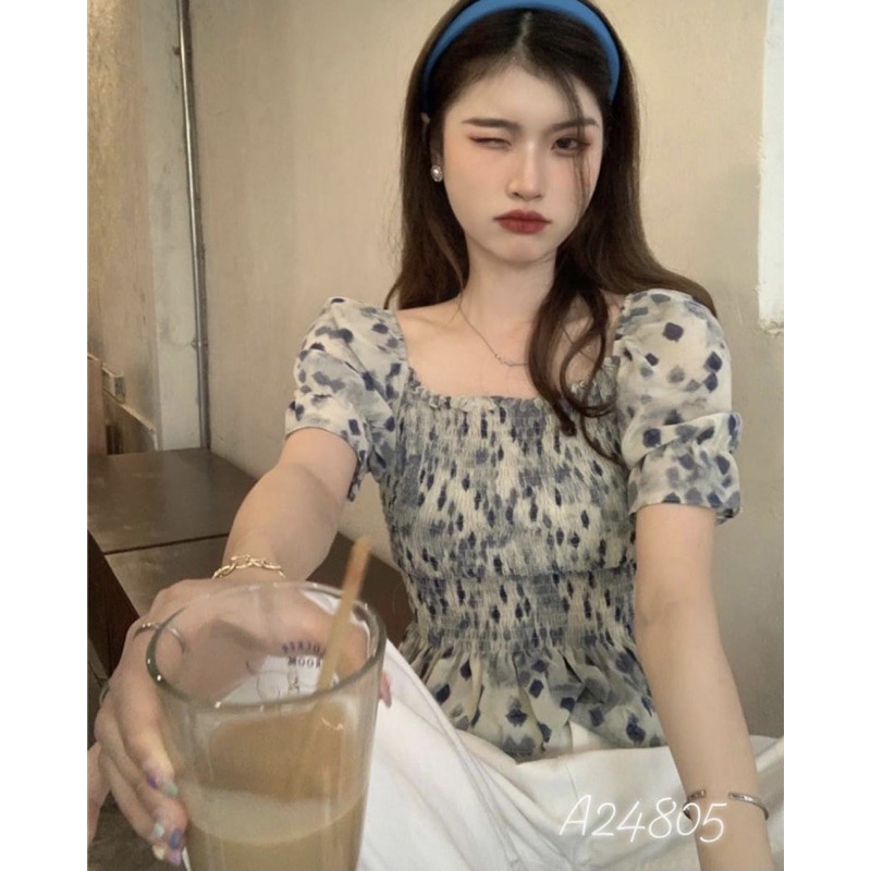 Áo nhún ngực voan chifon họa tiết Ulzzang style Hàng Quảng Châu