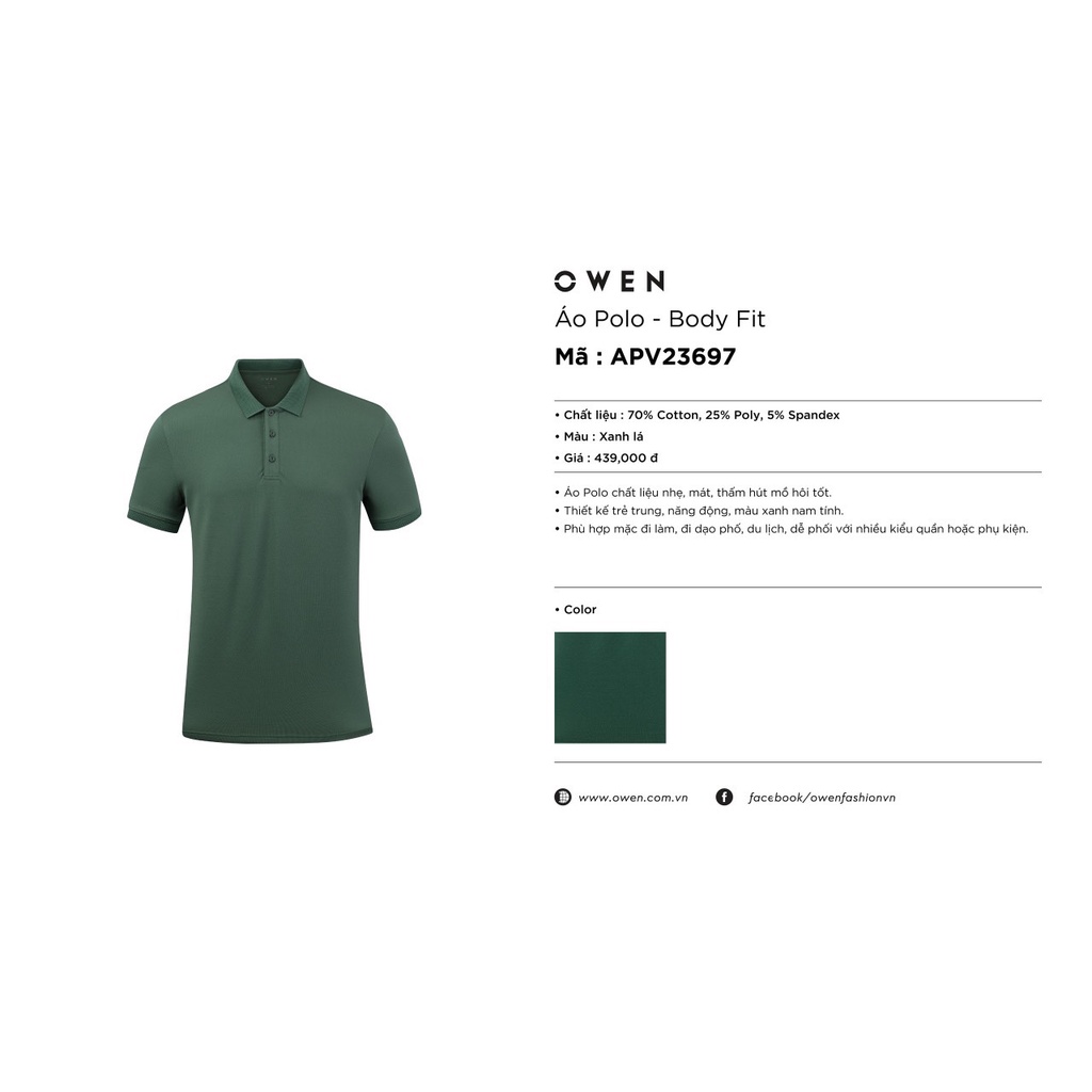 Áo polo owen màu xanh lá body fit vải cotton APV23697