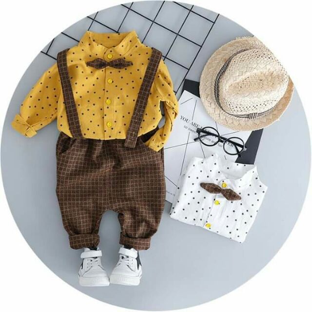 Set yếm dạ nâu sơmi chấm bi