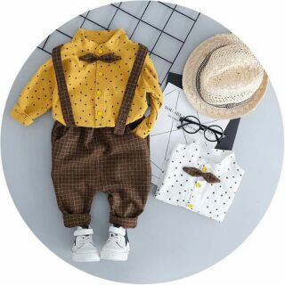 Set yếm dạ nâu sơmi chấm bi