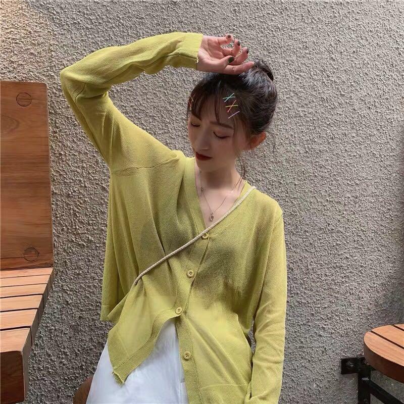 Áo khoác cardigan thun len mỏng sexy tay dài 4 cúc