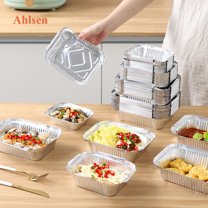 Ahlsen Set 50 Khay Lá Nhôm Hình Chữ Nhật Dùng Một Lần Đựng Thức Ăn BBQ