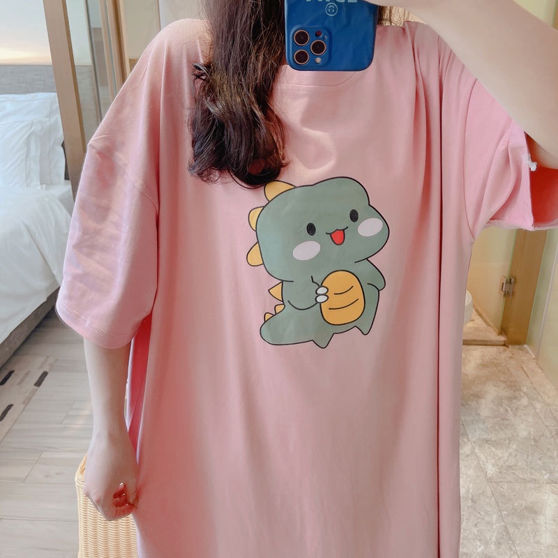 Váy Suông Form Rộng In Hình Khủng Long Tí Hon Cute Tay Lỡ Cổ Tròn Xẻ Tà Tinh Tế Hot Trending Chất Mềm Mát Mịn TTDS0397