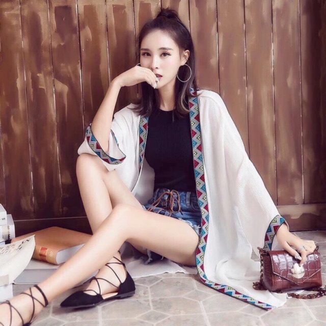 Áo Kimono Viền Thổ Cẩm 2 màu: Trắng-Đen CÓ SẲN