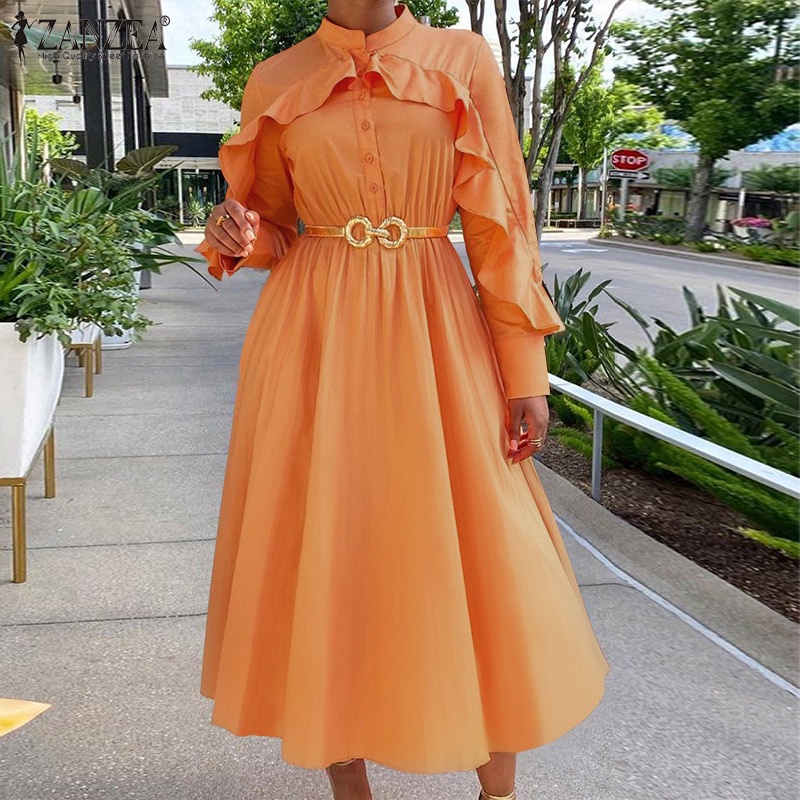 Zanzea Đầm Dài Tay Cổ Đứng Phối Bèo Và Thắt Lưng Phong Cách Châu Âu