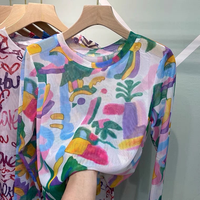 Áo Thun Tay Dài Vải Lụa Lạnh Phối Lưới Nhuộm Màu Phong Cách Phương Tây Thời Trang Mùa Hè Hàng Mới Dành Cho Bạn Nữ 2021