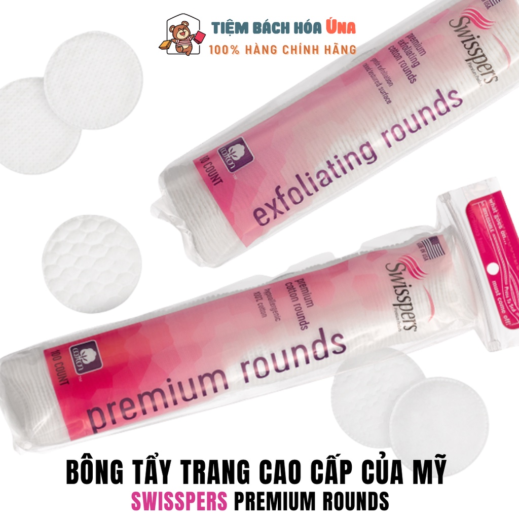 Bông tẩy trang cao cấp Swisspers Premium Cotton Rounds dạng tròn có may viền 100 miếng và 80 miếng của Mỹ