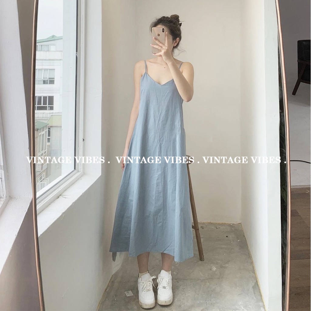 Váy yếm 2 dây dáng dài vintage (hàng QC) - Ảnh thật