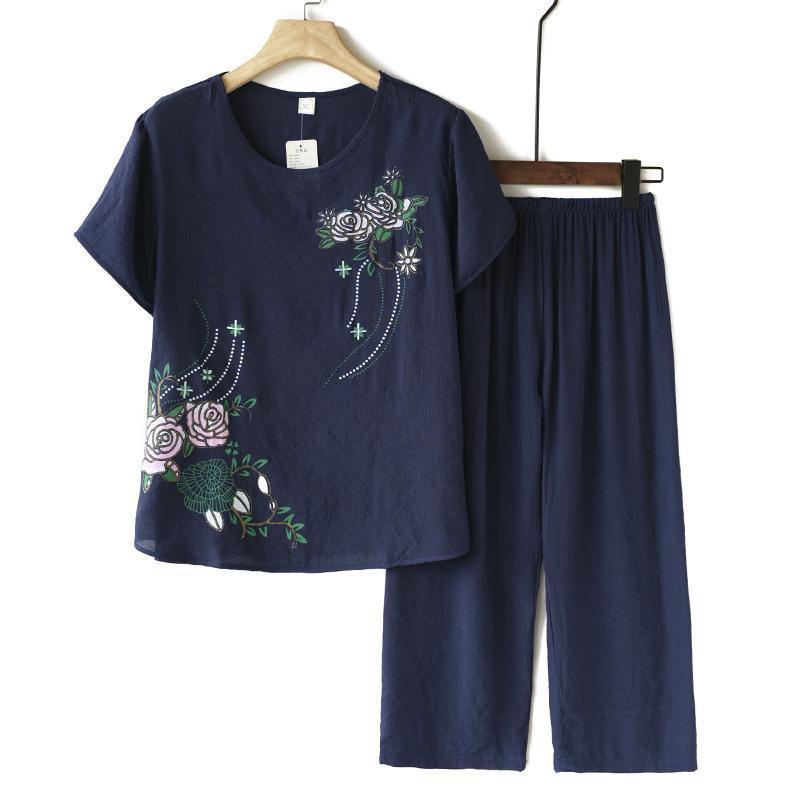 Set quần áo cotton lanh dáng rộng tay ngắn phong cách phương tây thời trang mùa hè cho phụ nữ trung niên M5hk