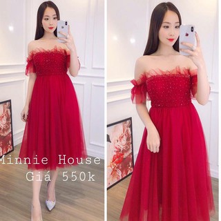 Đầm Xòe Trễ Vai Nhấn Eo Sang Trọng