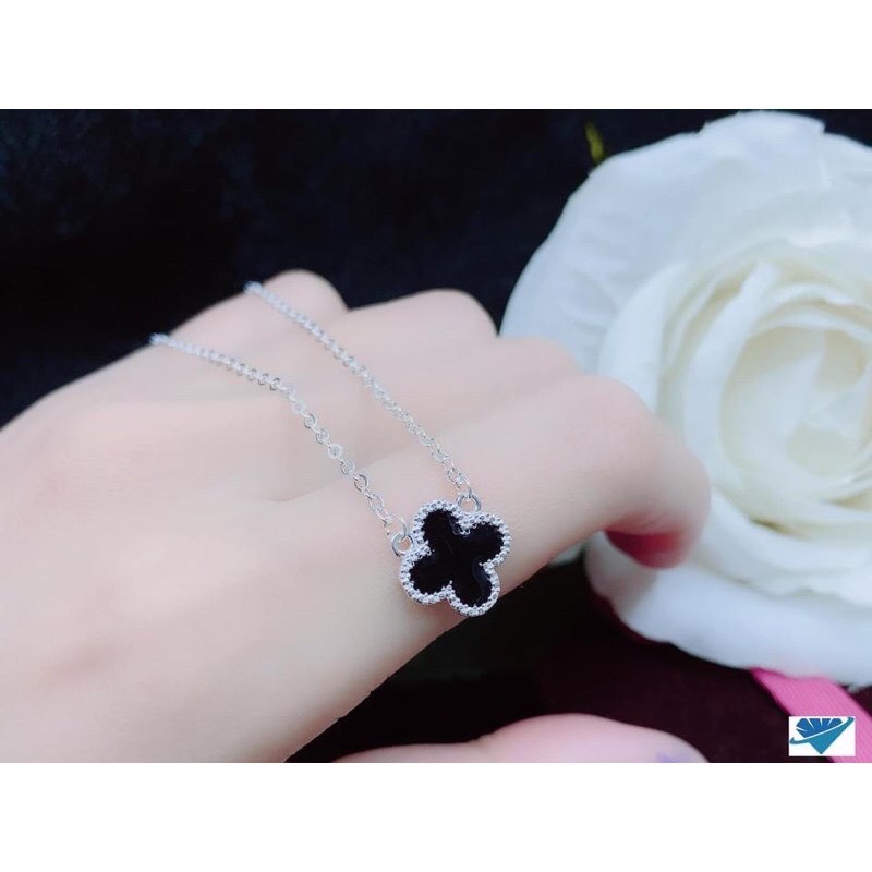Dây chuyền nữ bạc thật mặt cỏ bốn lá sơn đen - Kho sỉ bạc Nhất Linh