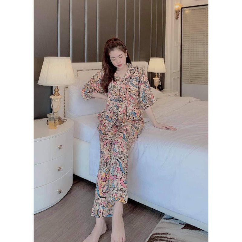 Bộ đồ ngủ mặc nhà Vic's lụa Latin kiểu pijama hoạt tiết sang trọng L236